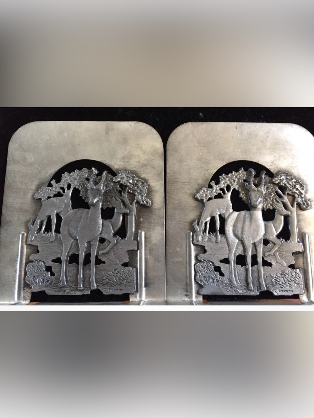 Metal Deer Bookends 3DDécor Pair in Silver Signed name 1974 Deers Grass Trees
